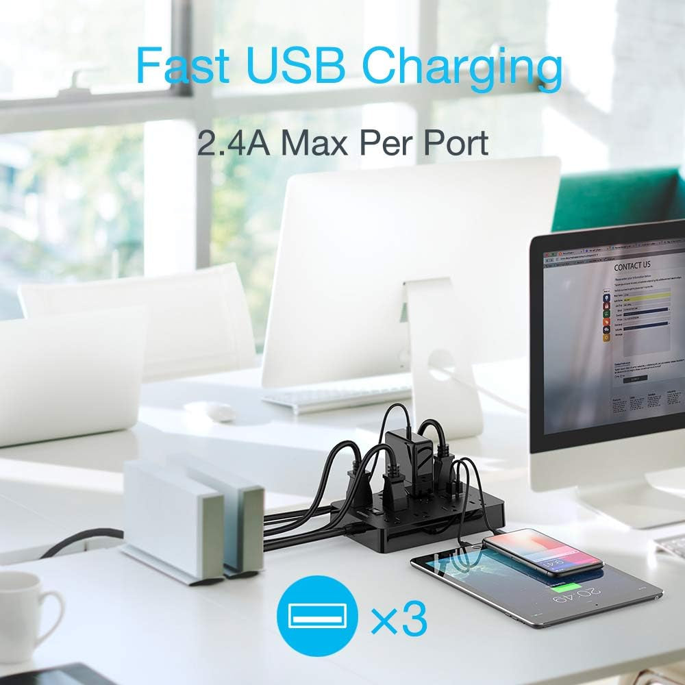 Mountable Power Strip with Surge Protection, 10 AC Outlets and 3 USB Charging Ports for Home and Office Use, Black