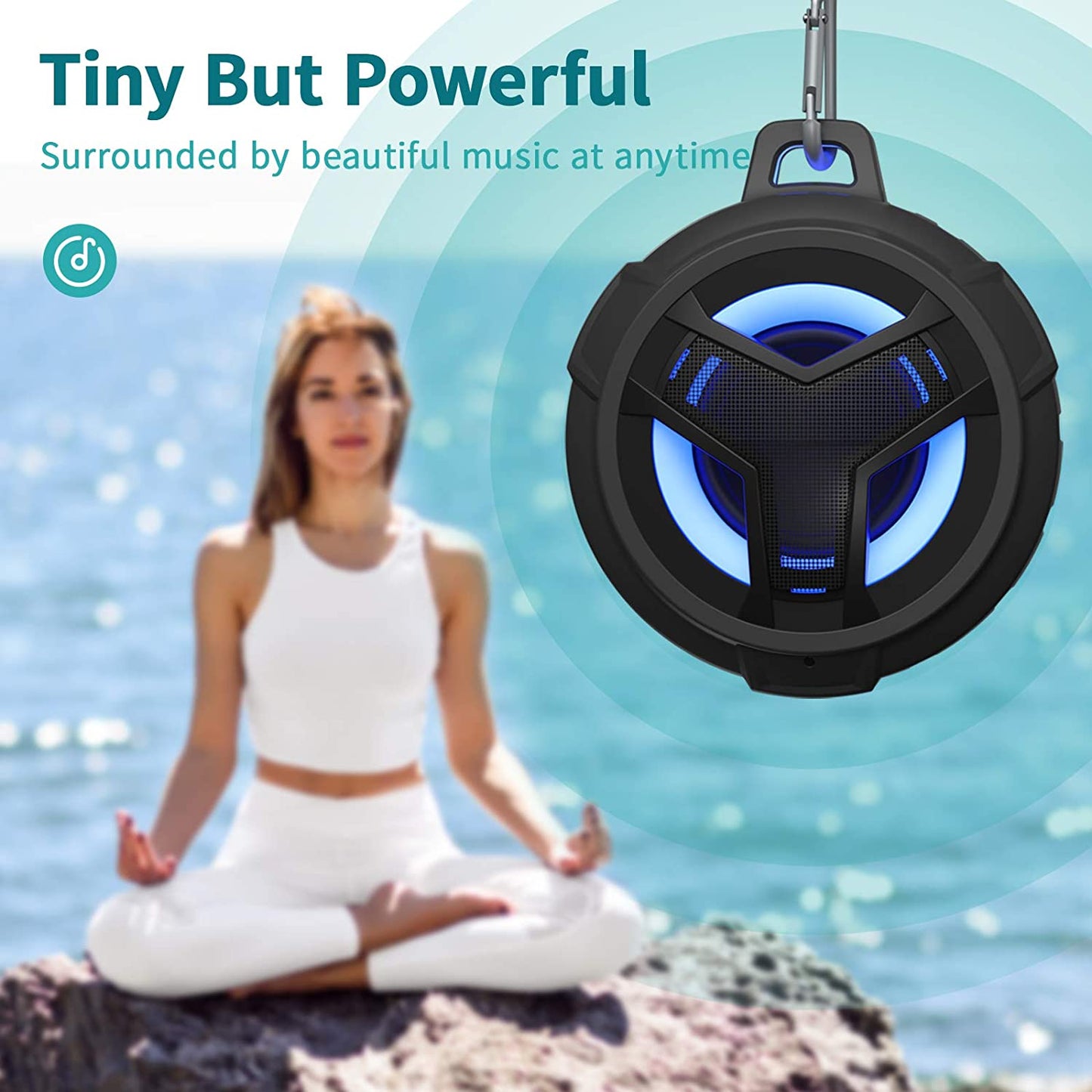 Bluetooth Shower Speaker - Portable IP67 Waterproof Wireless Speaker with LED Light, Floating Design, 2000mAh Battery, True Wireless Stereo for Kayaking and Beach Activities, Unisex Gift - Black