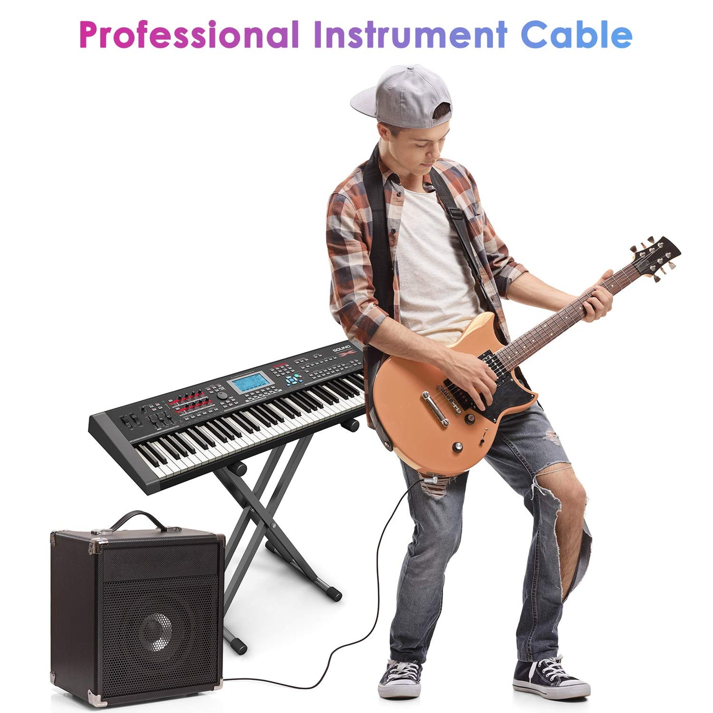 10FT Professional Instrument Cable for Electric Guitar and Bass with Right Angle 1/4 Inch Connector - Black