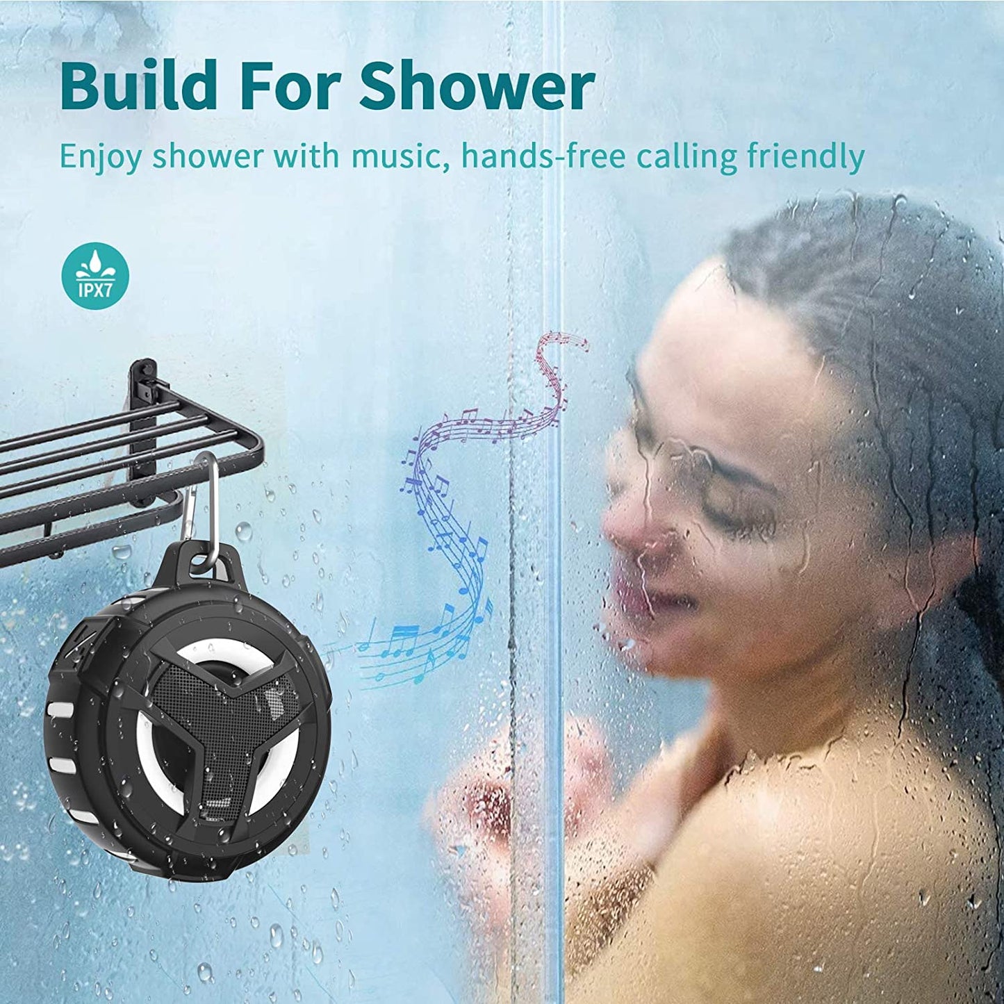 Bluetooth Shower Speaker - Portable IP67 Waterproof Wireless Speaker with LED Light, Floating Design, 2000mAh Battery, True Wireless Stereo for Kayaking and Beach Activities, Unisex Gift - Black