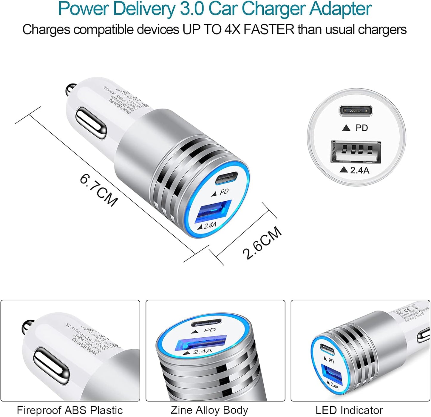 30W USB-C Car Charger with Fast Charging Cable for Samsung Galaxy and iPhone Models