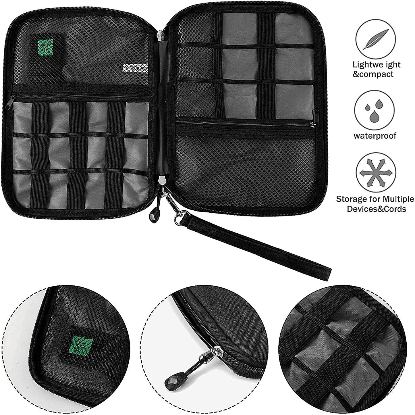 Waterproof Portable Travel Cable Organizer Bag for Electronic Accessories, Including USB Cables, Phone Chargers, Headsets, SD Cards, and 5 Cable Ties (Grey)