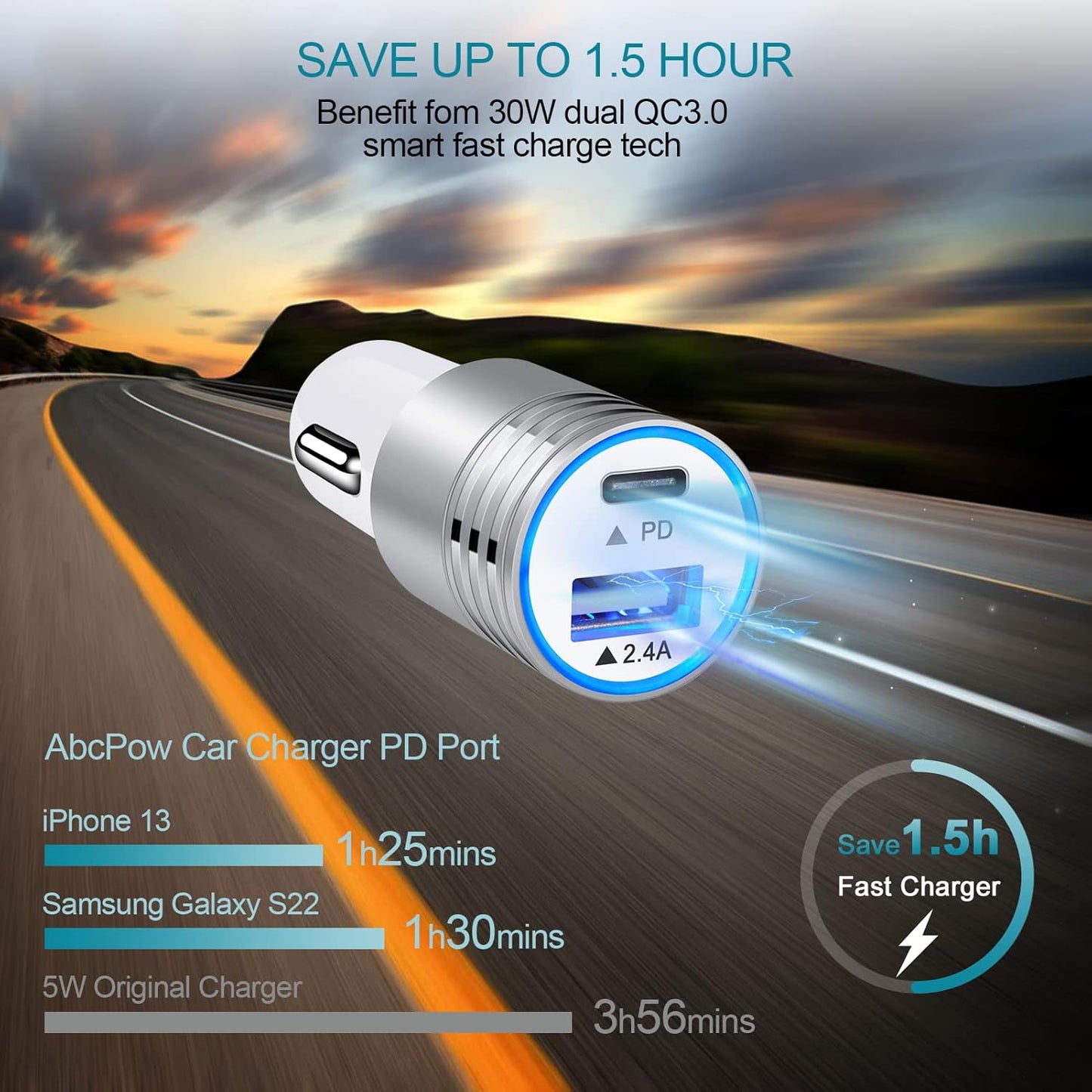30W USB-C Car Charger with Fast Charging Cable for Samsung Galaxy and iPhone Models