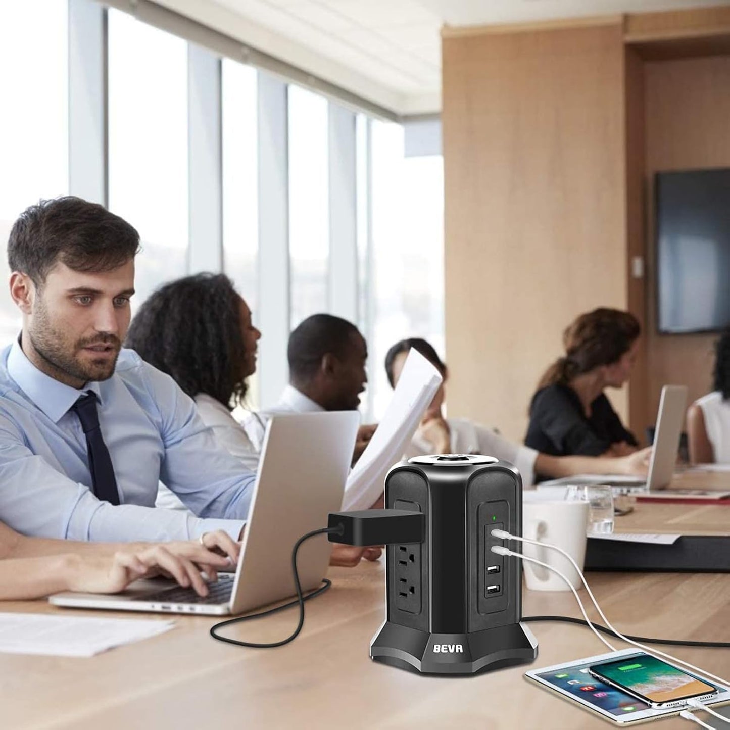Power Strip Tower Surge Protector with 10Ft Flat Plug, 9 AC Outlets, 4 USB Ports, 900 Joules, Long Extension Cord for Home and Office Use (Black)
