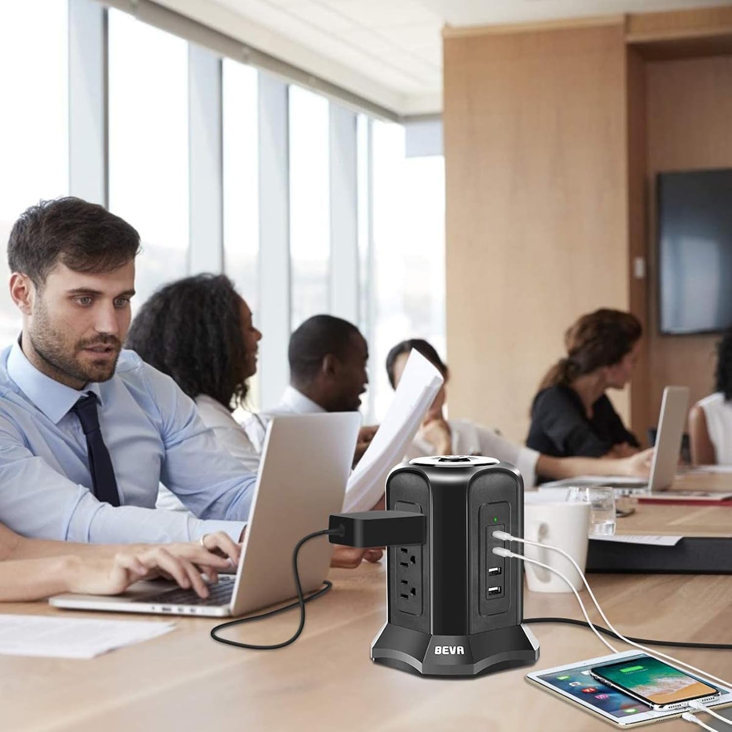 Power Strip Tower Surge Protector with 10Ft Flat Plug, 9 AC Outlets, 4 USB Ports, 900 Joules, Long Extension Cord for Home and Office Use (Black)