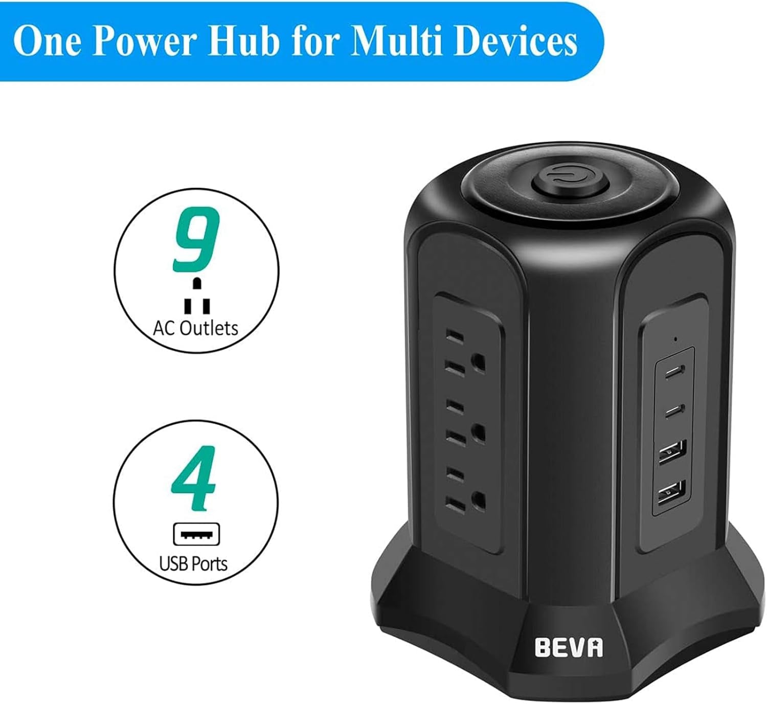 Power Strip Tower Surge Protector with 10Ft Flat Plug, 9 AC Outlets, 4 USB Ports, 900 Joules, Long Extension Cord for Home and Office Use (Black)