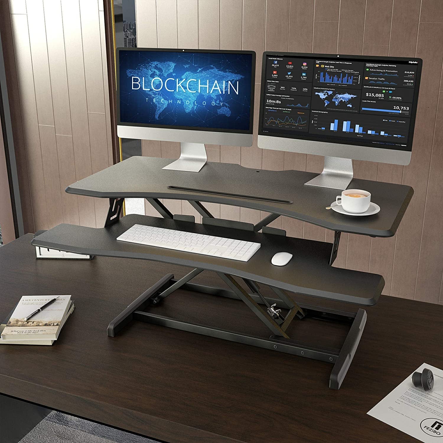 Height Adjustable 42-Inch Standing Desk Converter - Dual Monitor Riser Workstation in Black