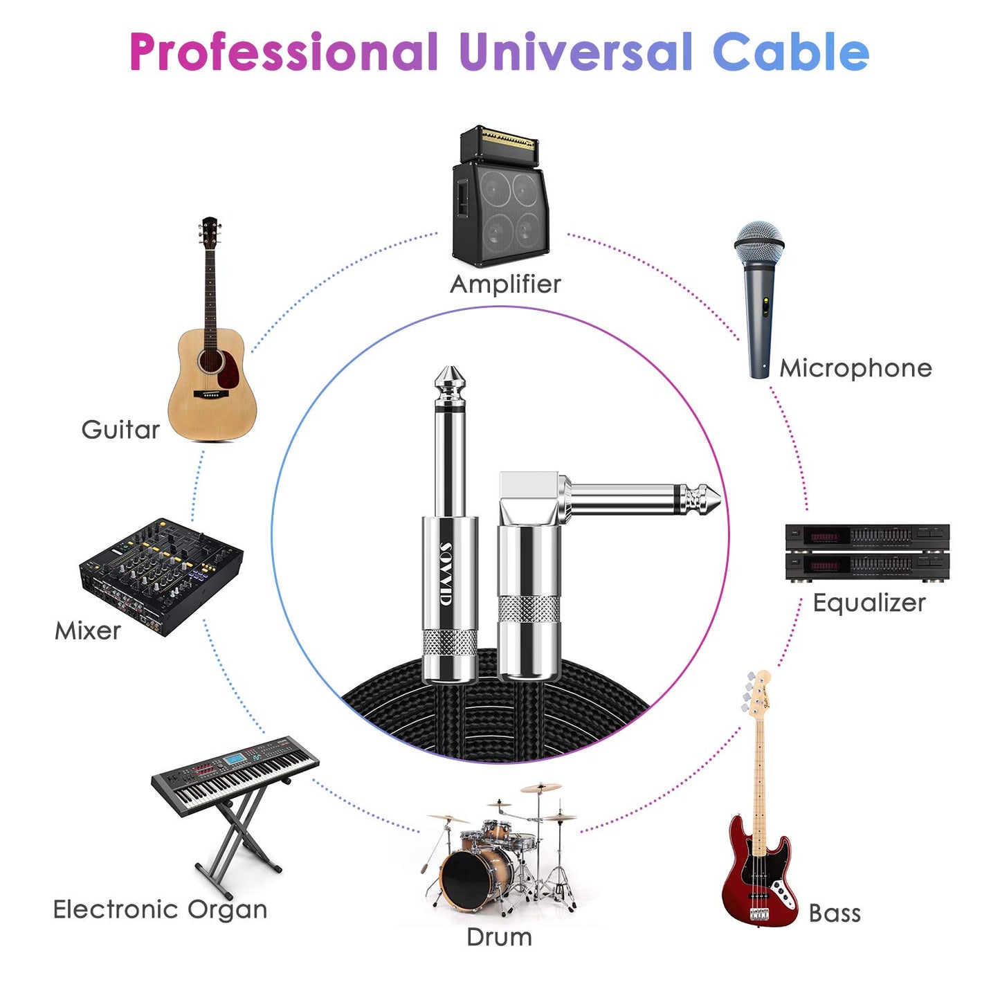 10FT Professional Instrument Cable for Electric Guitar and Bass with Right Angle 1/4 Inch Connector - Black