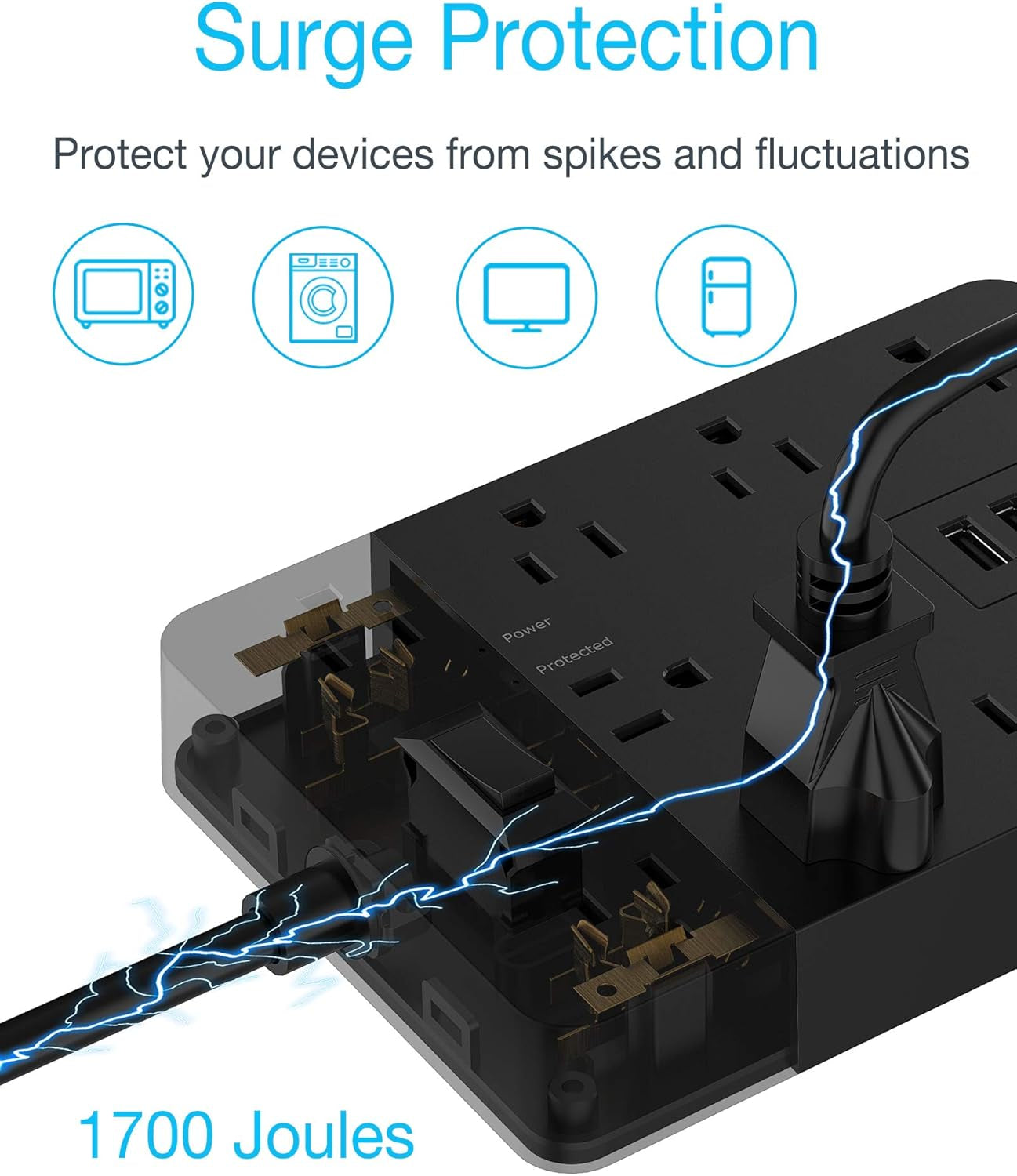 Mountable Power Strip with Surge Protection, 10 AC Outlets and 3 USB Charging Ports for Home and Office Use, Black