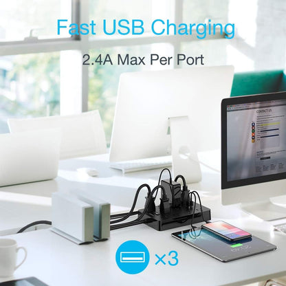 Mountable Power Strip with Surge Protection, 10 AC Outlets and 3 USB Charging Ports for Home and Office Use, Black