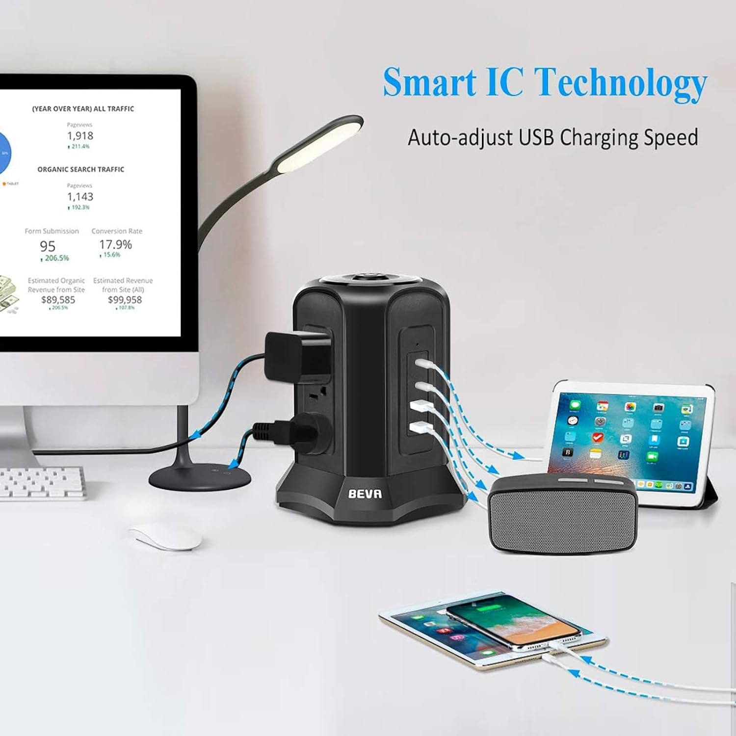 Power Strip Tower Surge Protector with 10Ft Flat Plug, 9 AC Outlets, 4 USB Ports, 900 Joules, Long Extension Cord for Home and Office Use (Black)