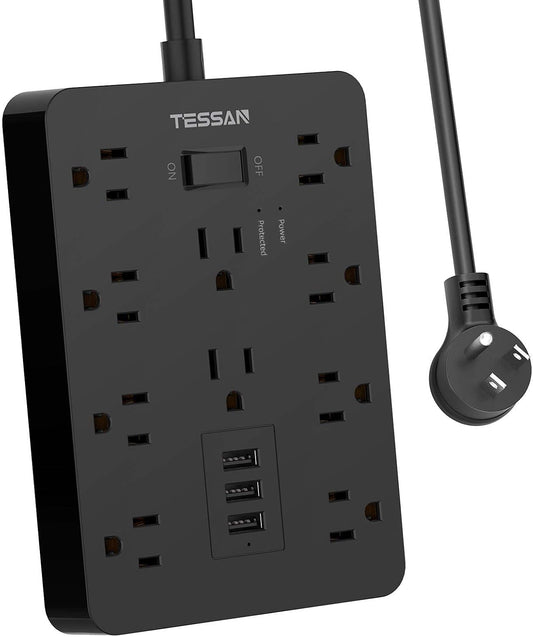Mountable Power Strip with Surge Protection, 10 AC Outlets and 3 USB Charging Ports for Home and Office Use, Black