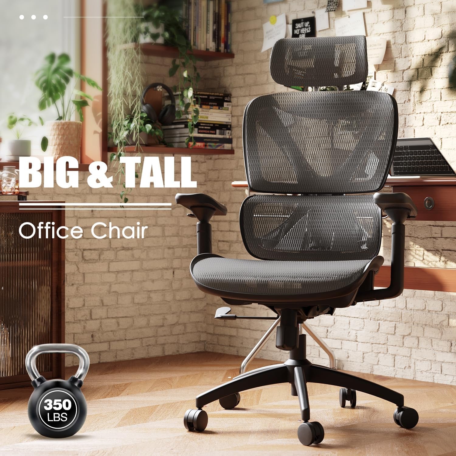 Ergonomic Big and Tall Mesh Office Chair with Lumbar Support, 3D Adjustable Armrests, 215° Rotation, Adjustable Headrest, and Comfortable Seat, Supports Up to 350 lbs, Ideal for Work and Gaming, Grey