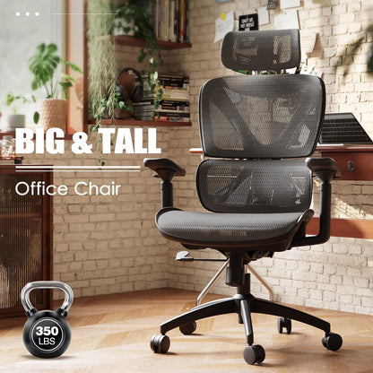 Ergonomic Big and Tall Mesh Office Chair with Lumbar Support, 3D Adjustable Armrests, 215° Rotation, Adjustable Headrest, and Comfortable Seat, Supports Up to 350 lbs, Ideal for Work and Gaming, Grey
