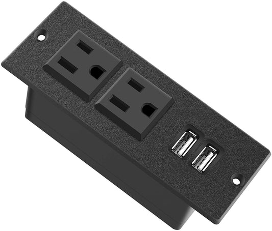 Recessed Power Strip with Black Desktop Grommet Socket, Featuring 2 AC Outlets and 2 USB Ports for Conference Rooms, Kitchens, Offices, Homes, and Hotels (9.85 Ft)