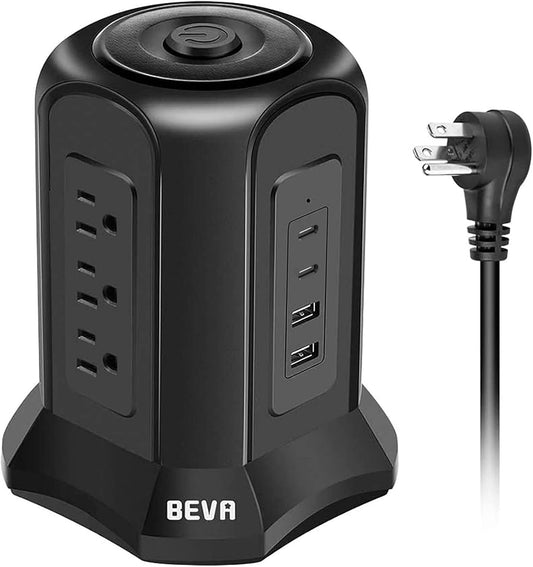 Power Strip Tower Surge Protector with 10Ft Flat Plug, 9 AC Outlets, 4 USB Ports, 900 Joules, Long Extension Cord for Home and Office Use (Black)