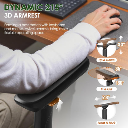 Ergonomic Big and Tall Mesh Office Chair with Lumbar Support, 3D Adjustable Armrests, 215° Rotation, Adjustable Headrest, and Comfortable Seat, Supports Up to 350 lbs, Ideal for Work and Gaming, Grey