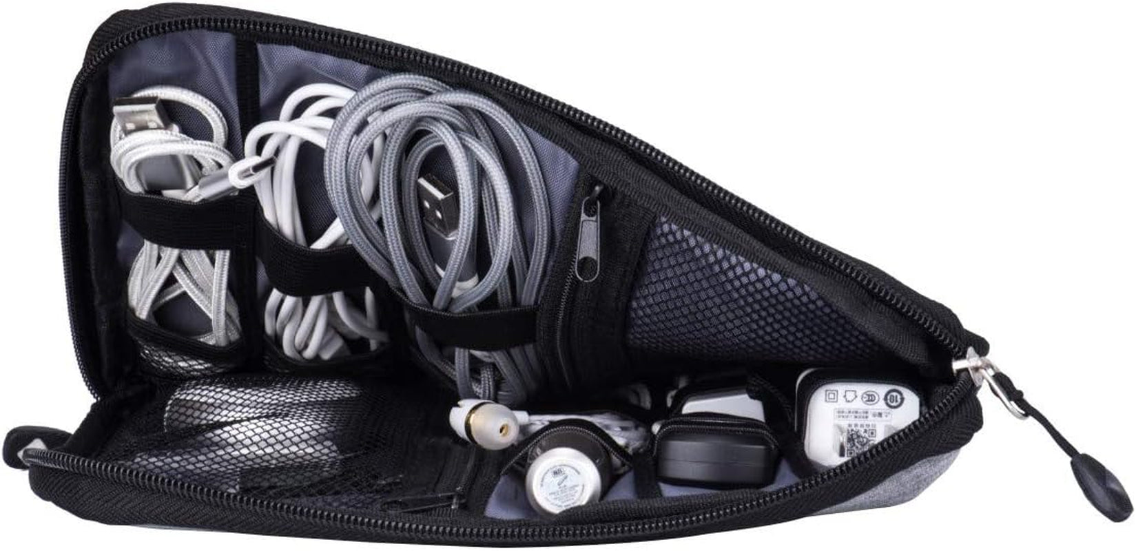 Waterproof Portable Travel Cable Organizer Bag for Electronic Accessories, Including USB Cables, Phone Chargers, Headsets, SD Cards, and 5 Cable Ties (Grey)