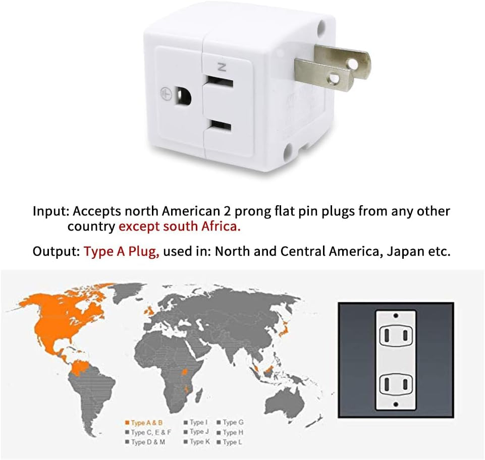 2-Prong to 3-Prong Mini Wall Plug Adapter with Multi Outlet Splitter and 3 Outlets