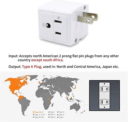 2-Prong to 3-Prong Mini Wall Plug Adapter with Multi Outlet Splitter and 3 Outlets