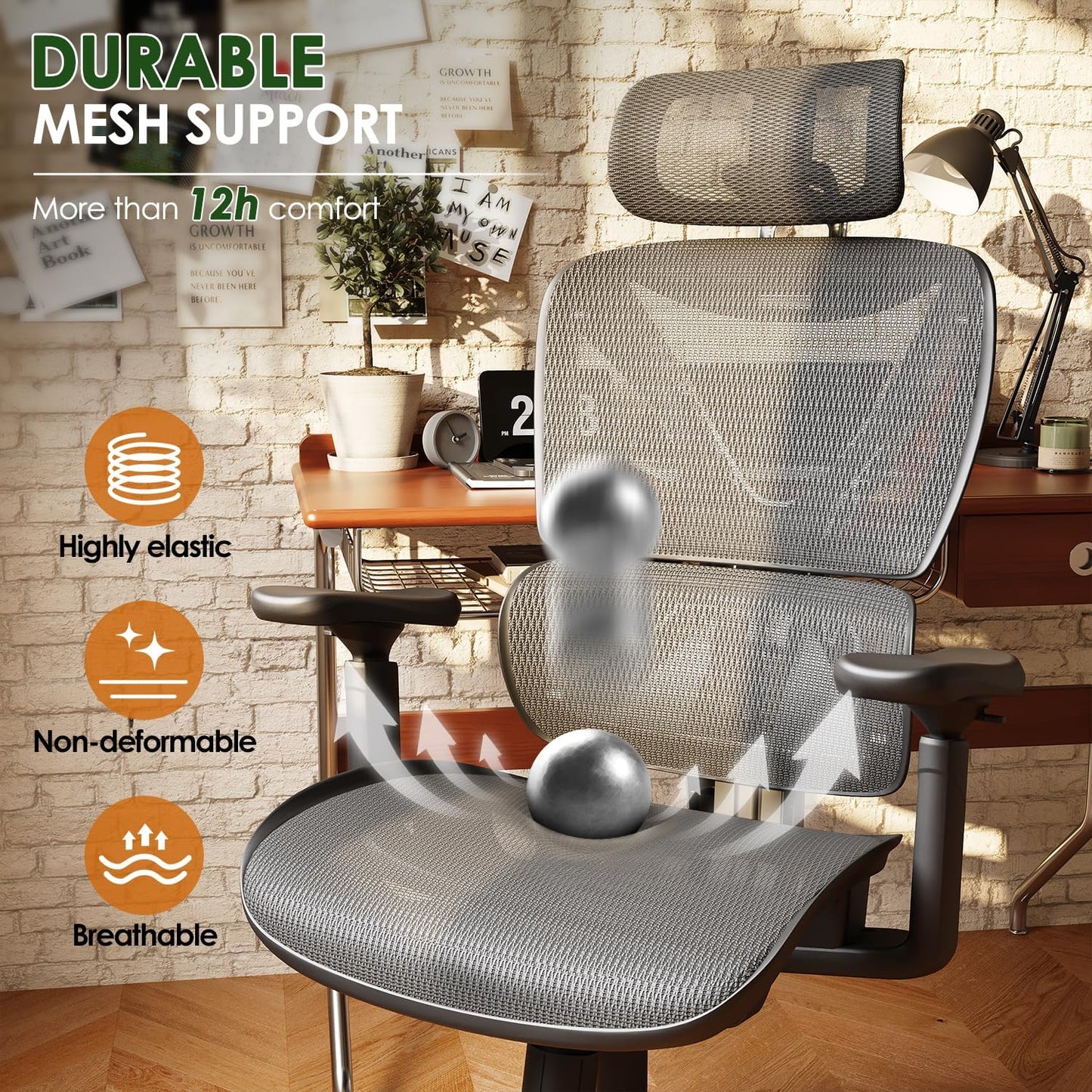 Ergonomic Big and Tall Mesh Office Chair with Lumbar Support, 3D Adjustable Armrests, 215° Rotation, Adjustable Headrest, and Comfortable Seat, Supports Up to 350 lbs, Ideal for Work and Gaming, Grey