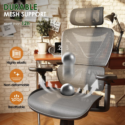 Ergonomic Big and Tall Mesh Office Chair with Lumbar Support, 3D Adjustable Armrests, 215° Rotation, Adjustable Headrest, and Comfortable Seat, Supports Up to 350 lbs, Ideal for Work and Gaming, Grey