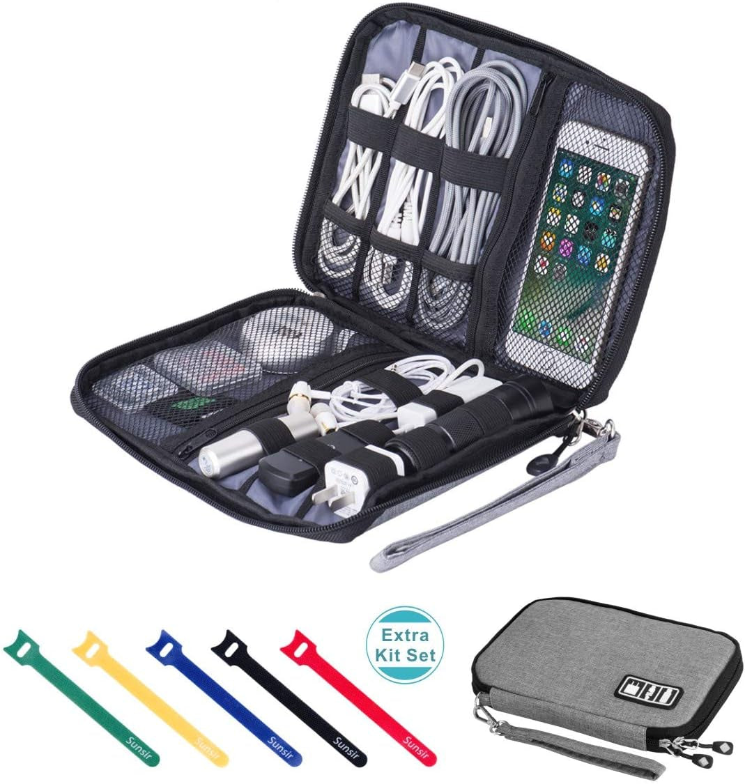 Waterproof Portable Travel Cable Organizer Bag for Electronic Accessories, Including USB Cables, Phone Chargers, Headsets, SD Cards, and 5 Cable Ties (Grey)