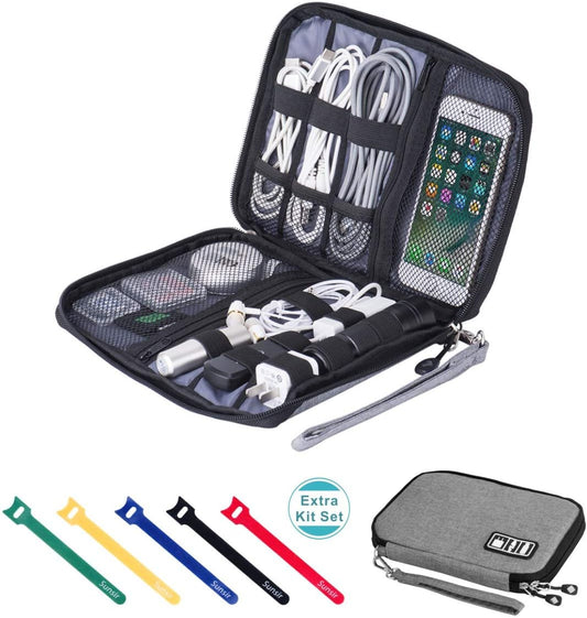 Waterproof Portable Travel Cable Organizer Bag for Electronic Accessories, Including USB Cables, Phone Chargers, Headsets, SD Cards, and 5 Cable Ties (Grey)