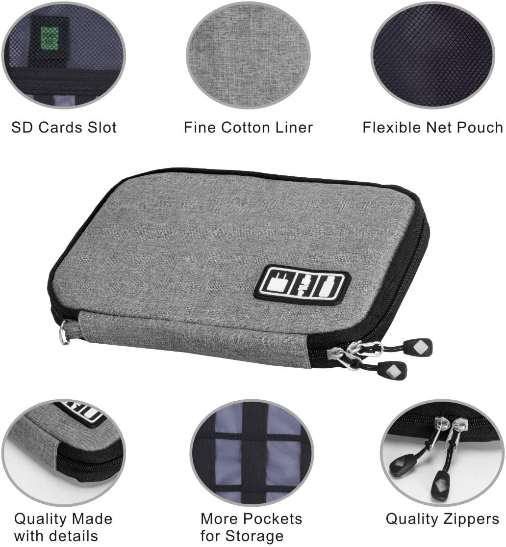 Waterproof Portable Travel Cable Organizer Bag for Electronic Accessories, Including USB Cables, Phone Chargers, Headsets, SD Cards, and 5 Cable Ties (Grey)