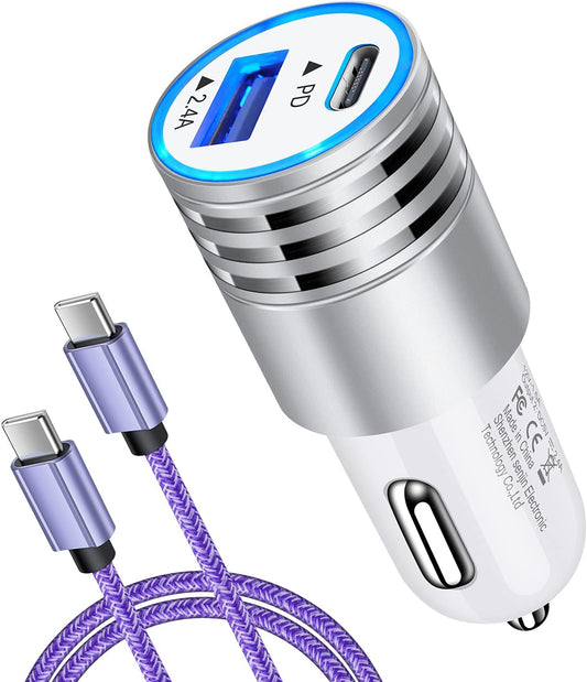30W USB-C Car Charger with Fast Charging Cable for Samsung Galaxy and iPhone Models