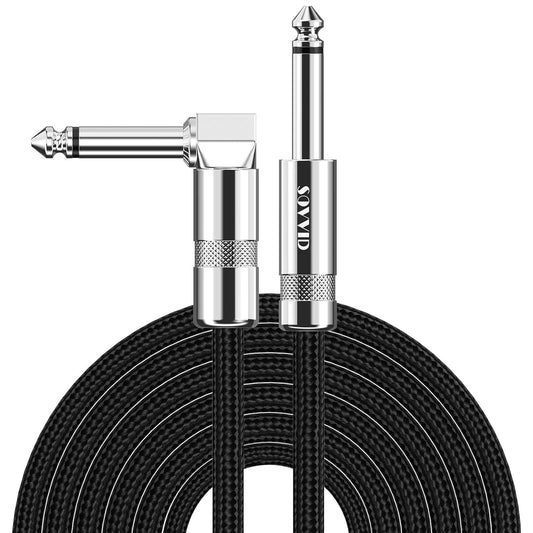 10FT Professional Instrument Cable for Electric Guitar and Bass with Right Angle 1/4 Inch Connector - Black