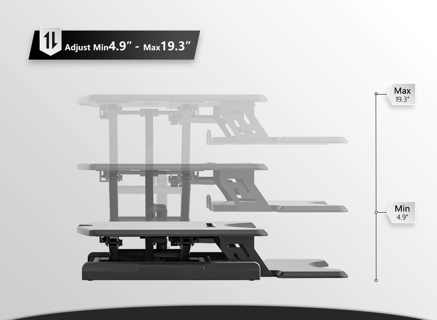 Height Adjustable 42-Inch Standing Desk Converter - Dual Monitor Riser Workstation in Black