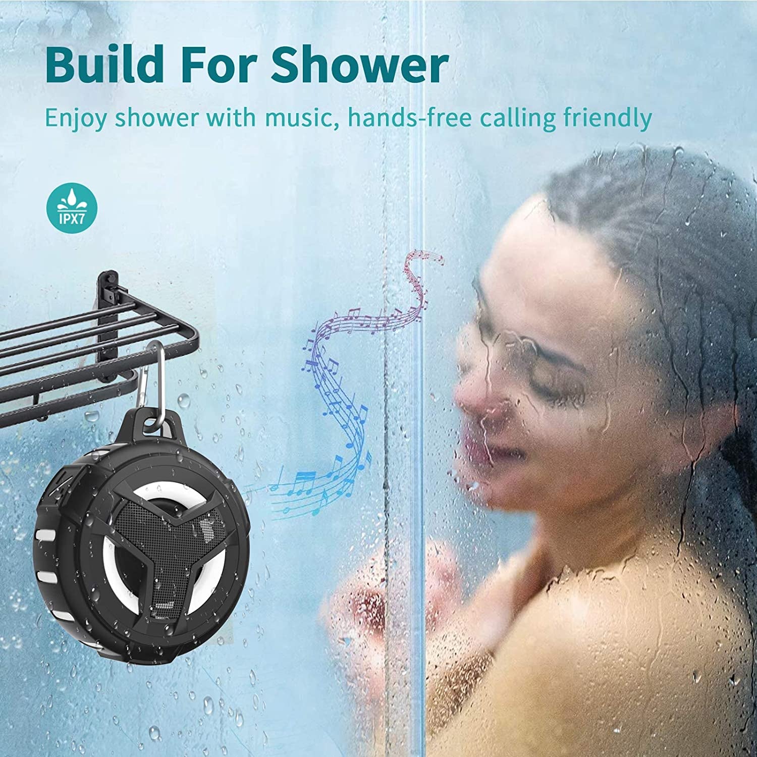 Bluetooth Shower Speaker - Portable IP67 Waterproof Wireless Speaker with LED Light, Floating Design, 2000mAh Battery, True Wireless Stereo for Kayaking and Beach Activities, Unisex Gift - Black