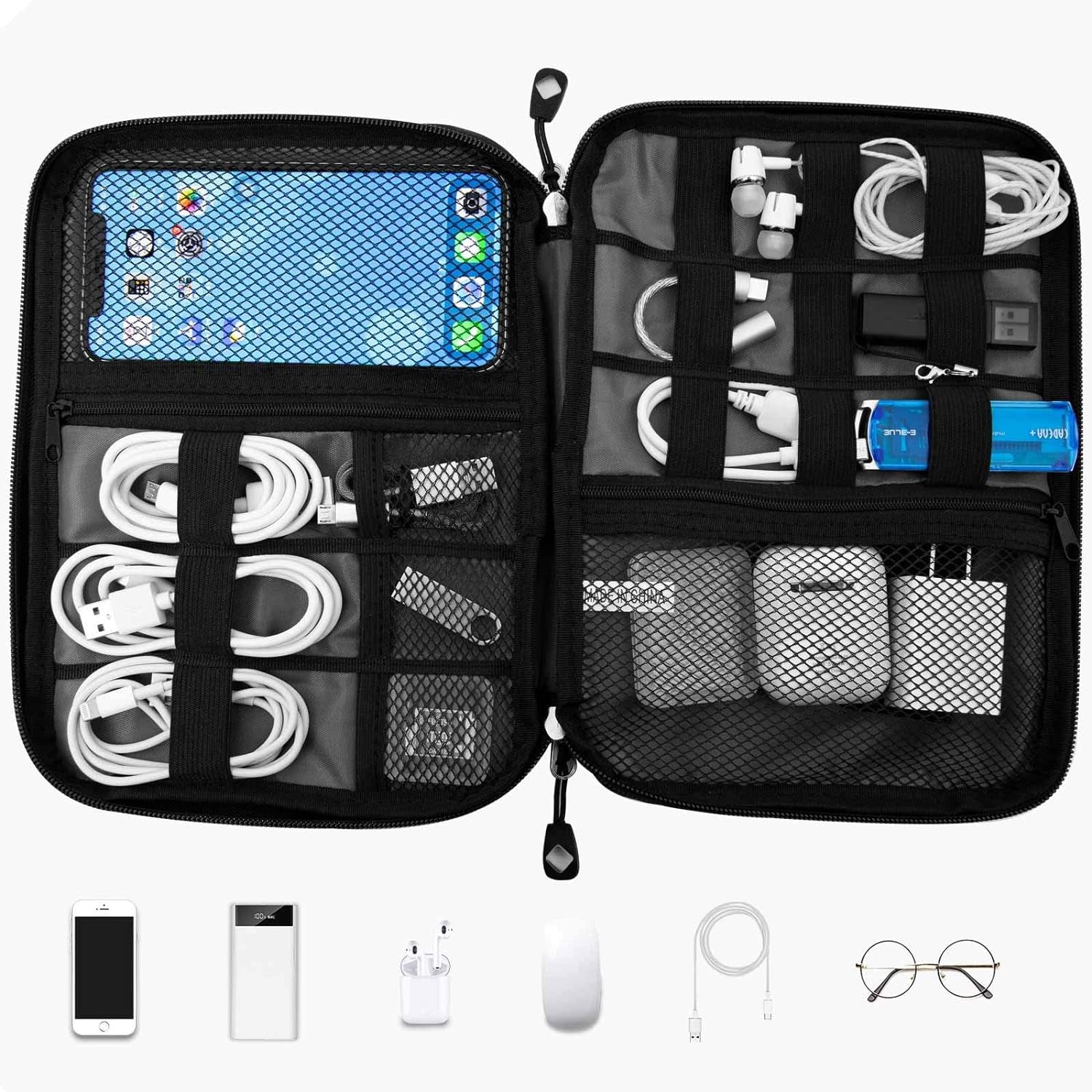 Waterproof Portable Travel Cable Organizer Bag for Electronic Accessories, Including USB Cables, Phone Chargers, Headsets, SD Cards, and 5 Cable Ties (Grey)