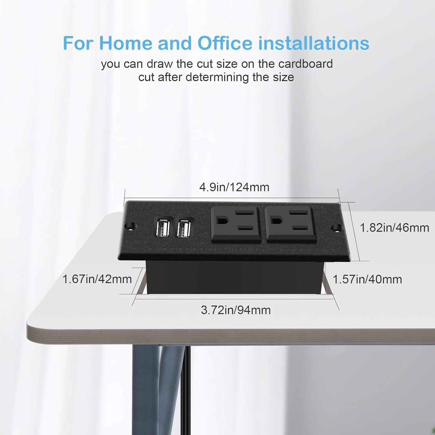 Recessed Power Strip with Black Desktop Grommet Socket, Featuring 2 AC Outlets and 2 USB Ports for Conference Rooms, Kitchens, Offices, Homes, and Hotels (9.85 Ft)