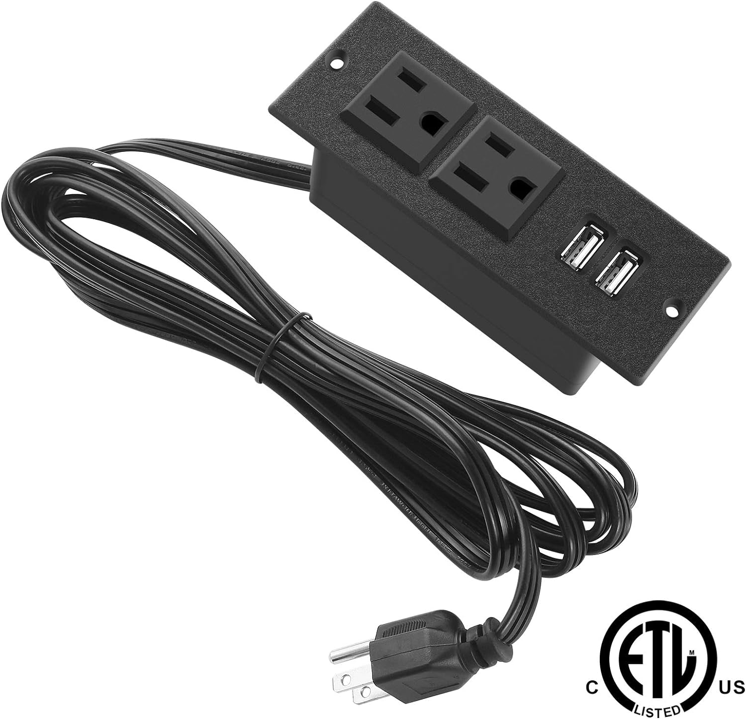 Recessed Power Strip with Black Desktop Grommet Socket, Featuring 2 AC Outlets and 2 USB Ports for Conference Rooms, Kitchens, Offices, Homes, and Hotels (9.85 Ft)