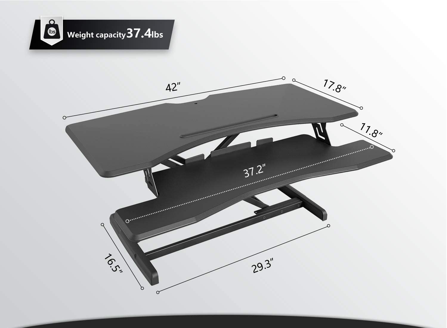 Height Adjustable 42-Inch Standing Desk Converter - Dual Monitor Riser Workstation in Black