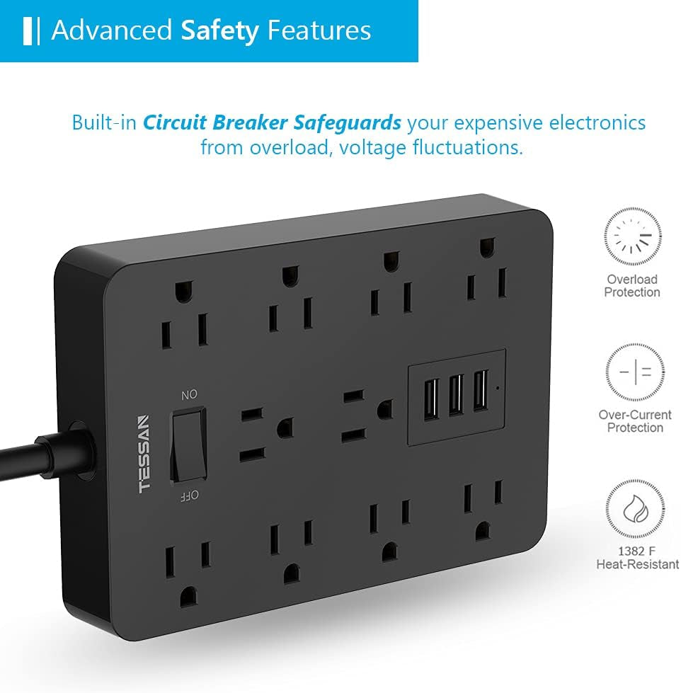 Mountable Power Strip with Surge Protection, 10 AC Outlets and 3 USB Charging Ports for Home and Office Use, Black