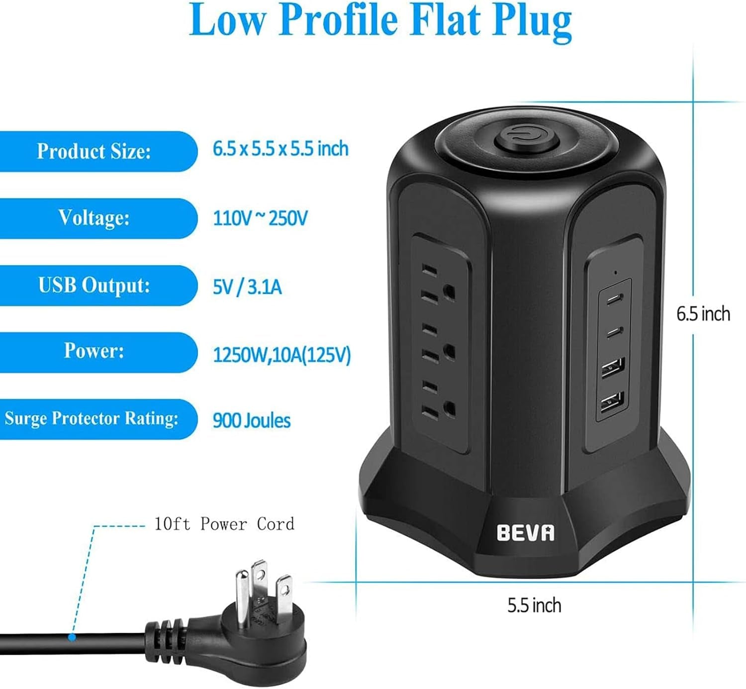 Power Strip Tower Surge Protector with 10Ft Flat Plug, 9 AC Outlets, 4 USB Ports, 900 Joules, Long Extension Cord for Home and Office Use (Black)