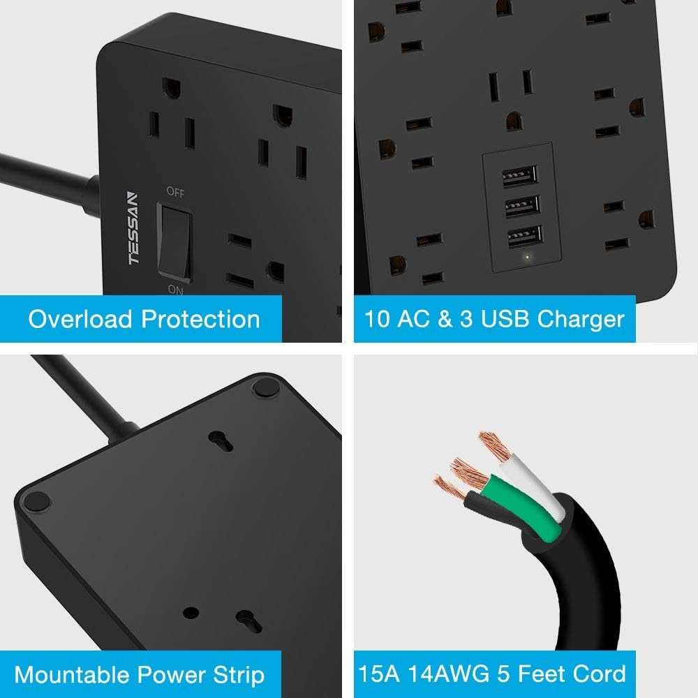 Mountable Power Strip with Surge Protection, 10 AC Outlets and 3 USB Charging Ports for Home and Office Use, Black