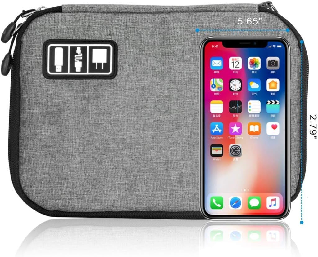 Waterproof Portable Travel Cable Organizer Bag for Electronic Accessories, Including USB Cables, Phone Chargers, Headsets, SD Cards, and 5 Cable Ties (Grey)