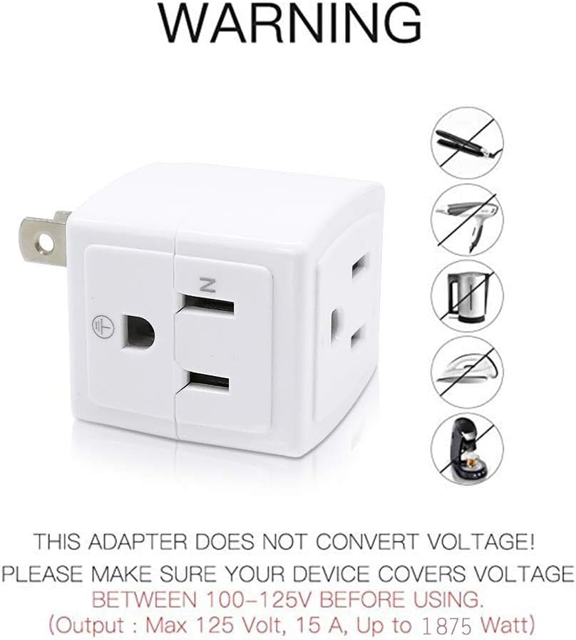 2-Prong to 3-Prong Mini Wall Plug Adapter with Multi Outlet Splitter and 3 Outlets