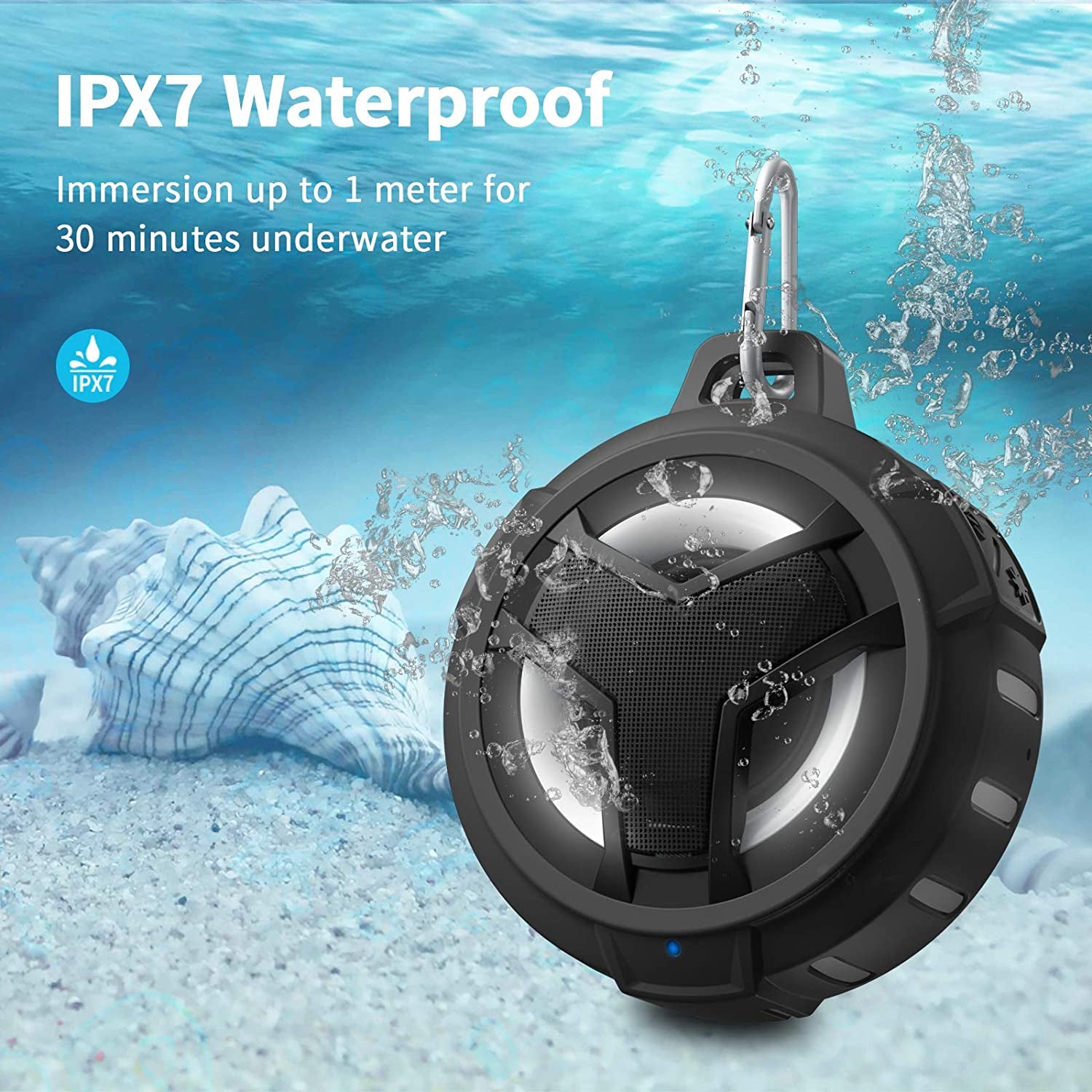 Bluetooth Shower Speaker - Portable IP67 Waterproof Wireless Speaker with LED Light, Floating Design, 2000mAh Battery, True Wireless Stereo for Kayaking and Beach Activities, Unisex Gift - Black