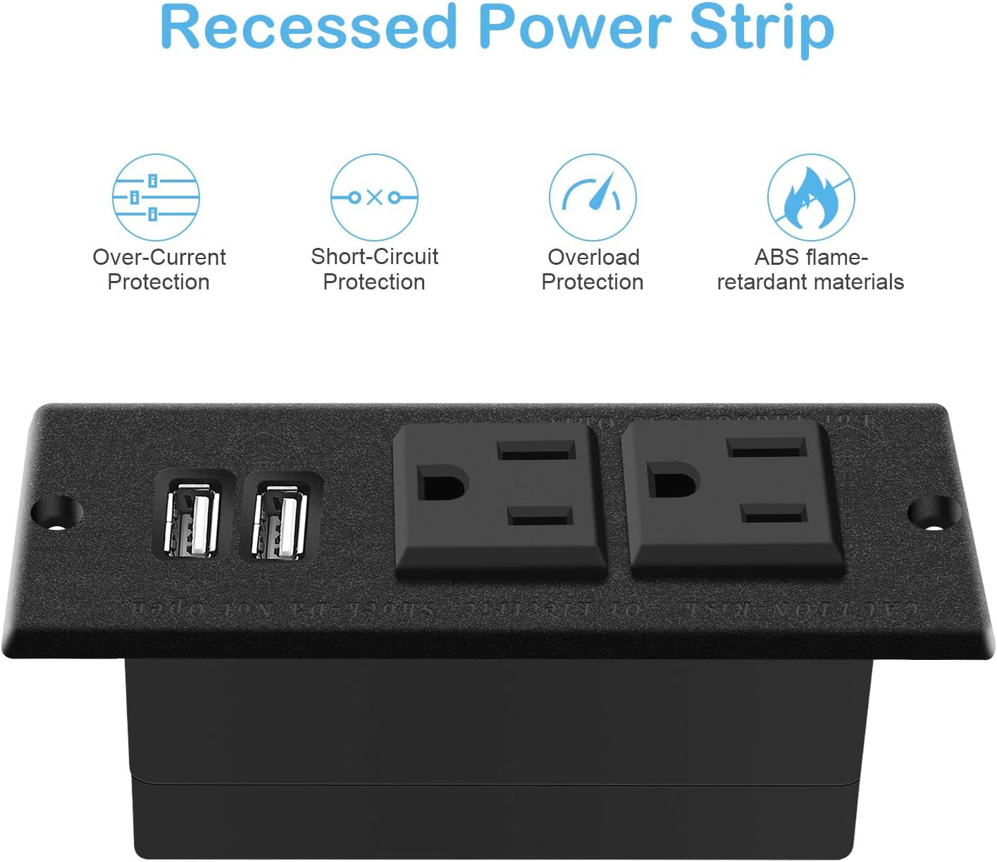 Recessed Power Strip with Black Desktop Grommet Socket, Featuring 2 AC Outlets and 2 USB Ports for Conference Rooms, Kitchens, Offices, Homes, and Hotels (9.85 Ft)