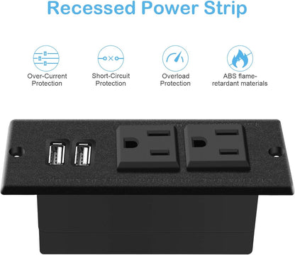 Recessed Power Strip with Black Desktop Grommet Socket, Featuring 2 AC Outlets and 2 USB Ports for Conference Rooms, Kitchens, Offices, Homes, and Hotels (9.85 Ft)