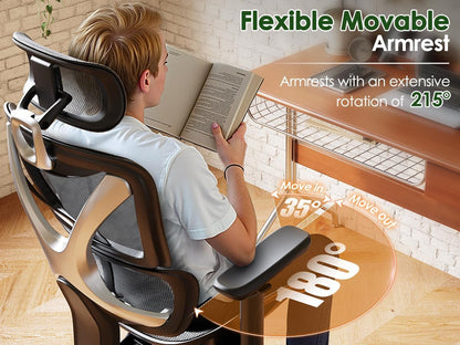 Ergonomic Big and Tall Mesh Office Chair with Lumbar Support, 3D Adjustable Armrests, 215° Rotation, Adjustable Headrest, and Comfortable Seat, Supports Up to 350 lbs, Ideal for Work and Gaming, Grey