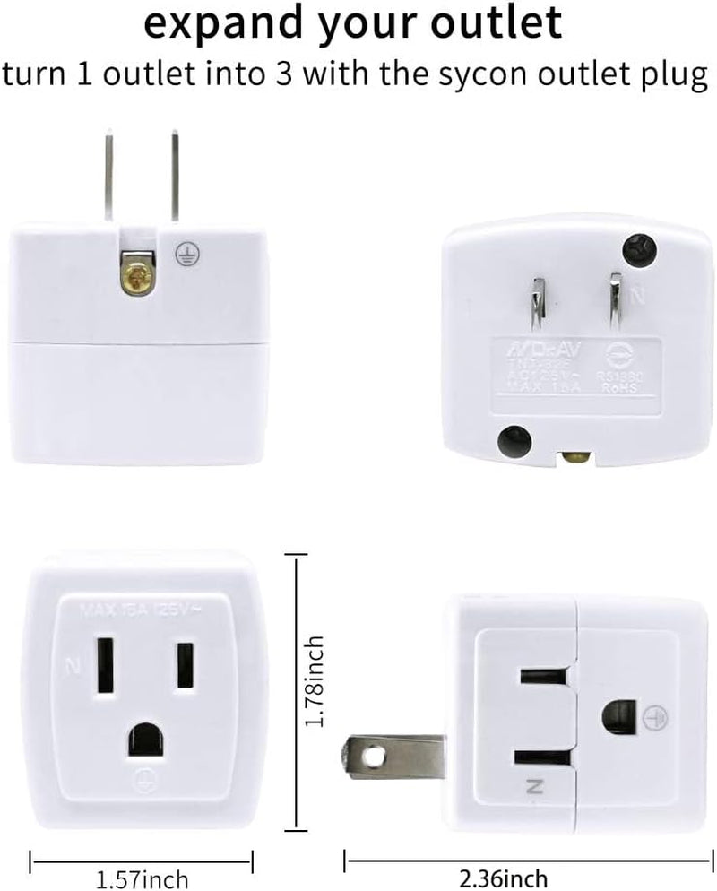 2-Prong to 3-Prong Mini Wall Plug Adapter with Multi Outlet Splitter and 3 Outlets