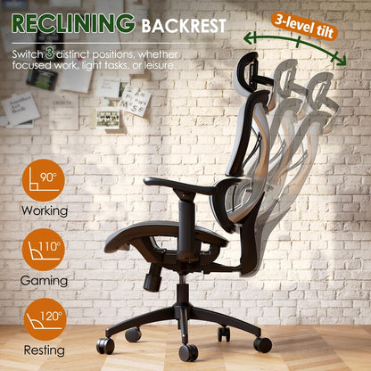 Ergonomic Big and Tall Mesh Office Chair with Lumbar Support, 3D Adjustable Armrests, 215° Rotation, Adjustable Headrest, and Comfortable Seat, Supports Up to 350 lbs, Ideal for Work and Gaming, Grey