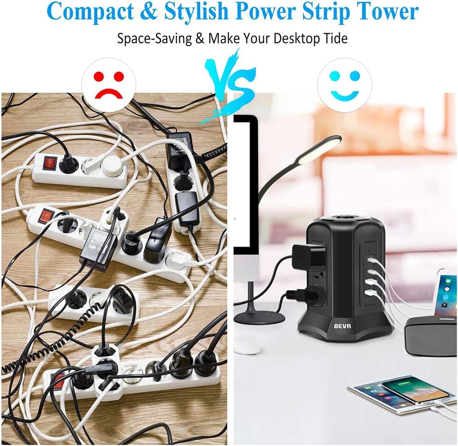 Power Strip Tower Surge Protector with 10Ft Flat Plug, 9 AC Outlets, 4 USB Ports, 900 Joules, Long Extension Cord for Home and Office Use (Black)
