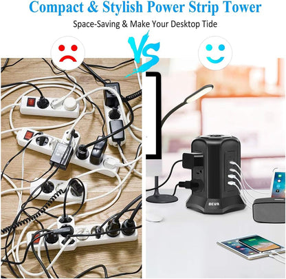 Power Strip Tower Surge Protector with 10Ft Flat Plug, 9 AC Outlets, 4 USB Ports, 900 Joules, Long Extension Cord for Home and Office Use (Black)